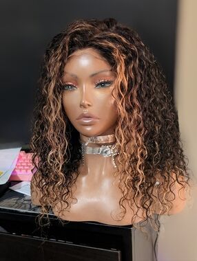 Human-Look Curly Lace Front Wig in Dark Brown with Honey Blonde Highlights